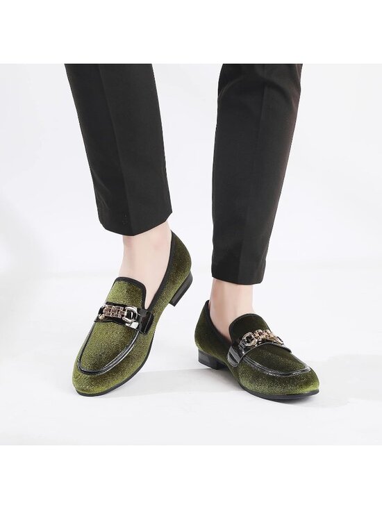 XQWFH Men\'s Army Green Velvet Loafers Gold Chain Buckle Slip On Flats Shoes